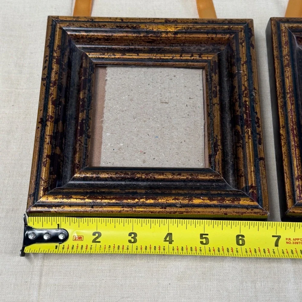 Set of 2 Distressed Gold Bronze Square Picture Frames with Ribbon Hangers 7x7